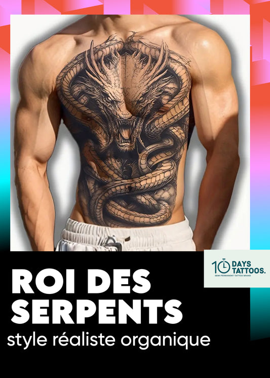 Tatouage Semi-Permanent «Roi des Serpents» – Serpent 🐍 & Couronne Réalistes, Style Réalisme Noir