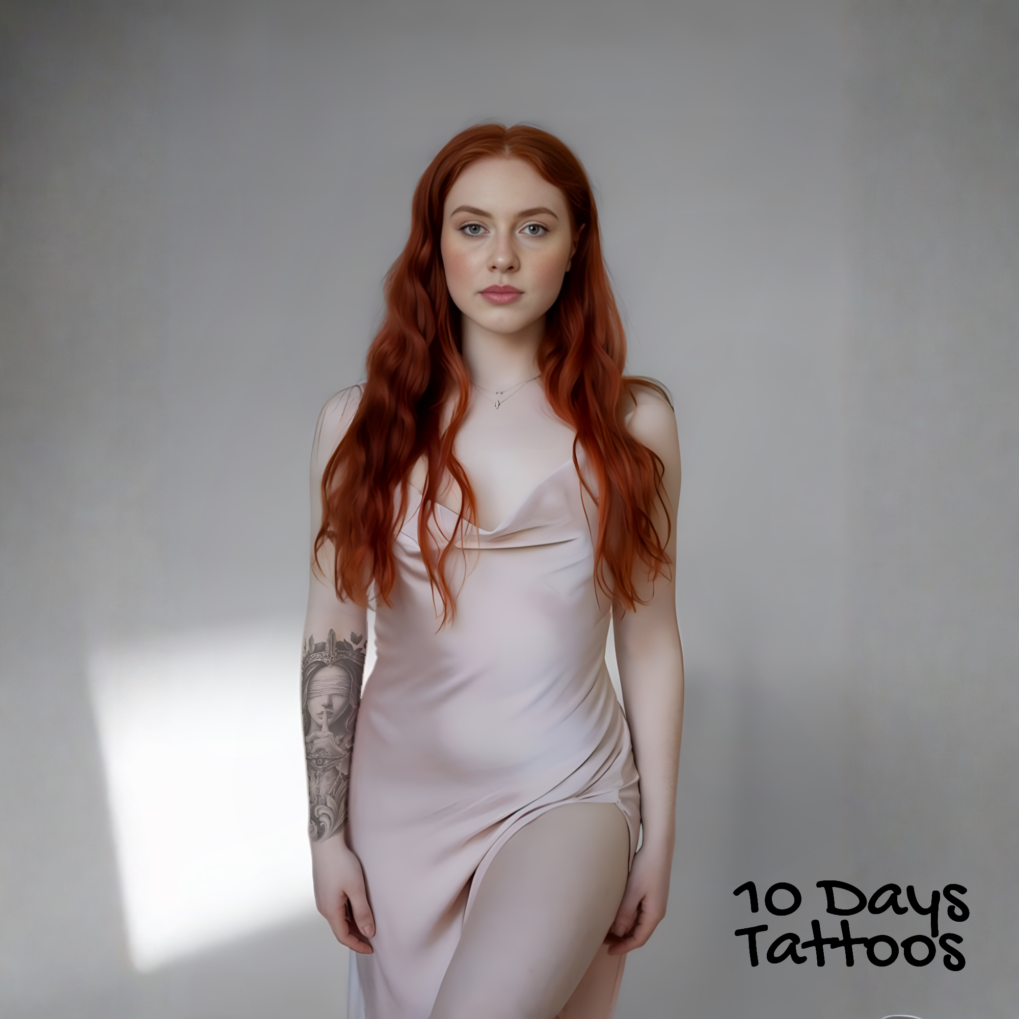 Jeune femme avec tatouage semi-permanent visage de femme et œil qui voit tout sur l’avant-bras droit