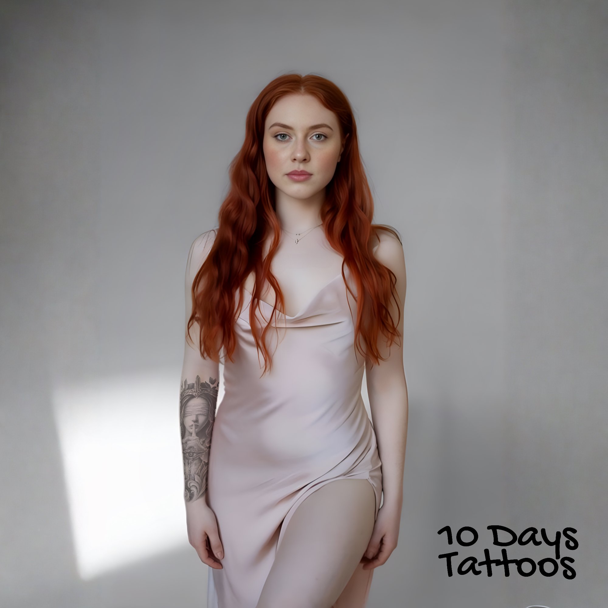 Jeune femme avec tatouage semi-permanent visage de femme et œil qui voit tout sur l’avant-bras droit