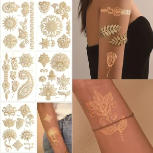 tatouage temporaire or feuille motif floral élégant waterproof mariage fête soirée