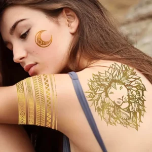 Tatouage temporaire feuille plume dorée réaliste waterproof festival pool party soirée élégante brillant