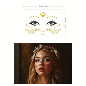 Modèle femme visage corps tatouages temporaires dorés complets appliqués front yeux joues cou épaules look festival professionnel clubbing rave party bal masqué maquillage artistique