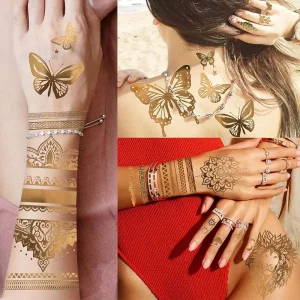 Tatouage temporaire plume dorée waterproof style chic soirée festival peau élégance réaliste brillant