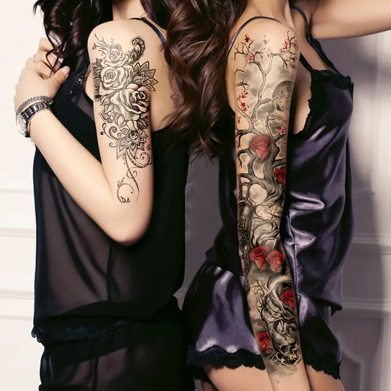 tatouage temporaire bras complet crâne roses effet manchette réaliste waterproof soirée festival