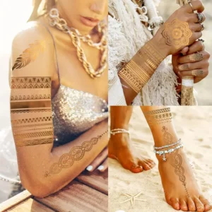 Tatouage temporaire plume dorée fine glamour waterproof tendance été soirée pool party accessoire