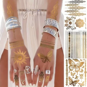 Tatouage doré composition plume papillon waterproof inspiration créative soirée festival accessoire chic peau.