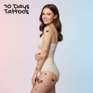 Look soirée avec multiples tatouages temporaires noirs papillons étoiles cœurs et lettrage sur bras hanche et cuisse d’une femme en body nude 10 Days Tattoos
