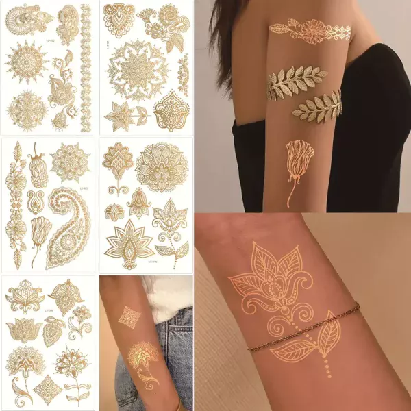 tatouage temporaire or feuille motif floral élégant waterproof mariage fête soirée