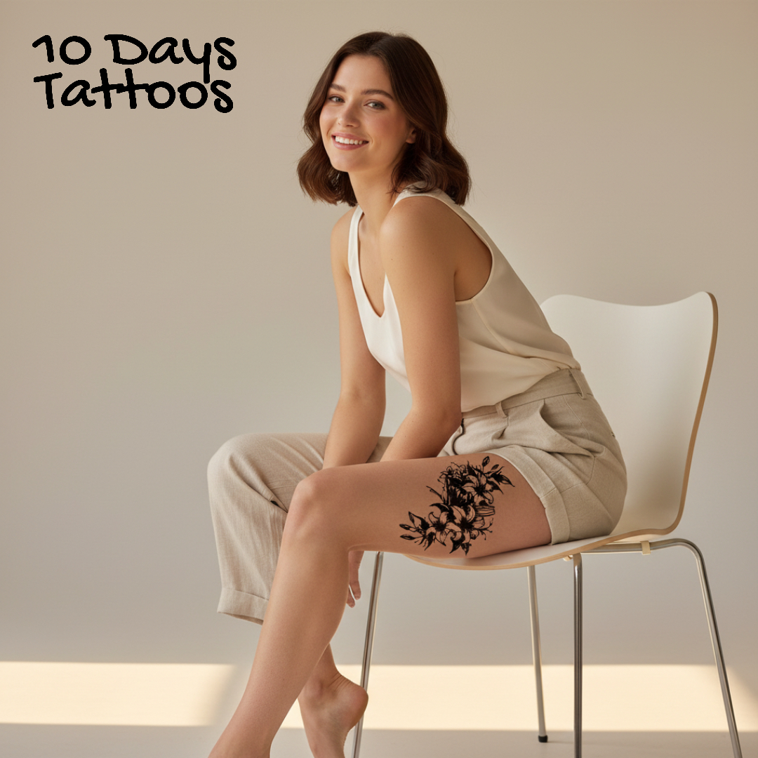 Tatouage temporaire floral noir sur cuisse d’une femme assise sur chaise 10 Days Tattoos