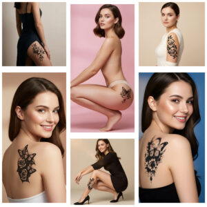 Pack de six tatouages temporaires romantiques noirs, appliqués sur différentes parties du corps féminin (cuisse, bras, épaule, fesse) pour un look sensuel et élégant spécial Saint‑Valentin, boutique 10daystattoos.ch.
