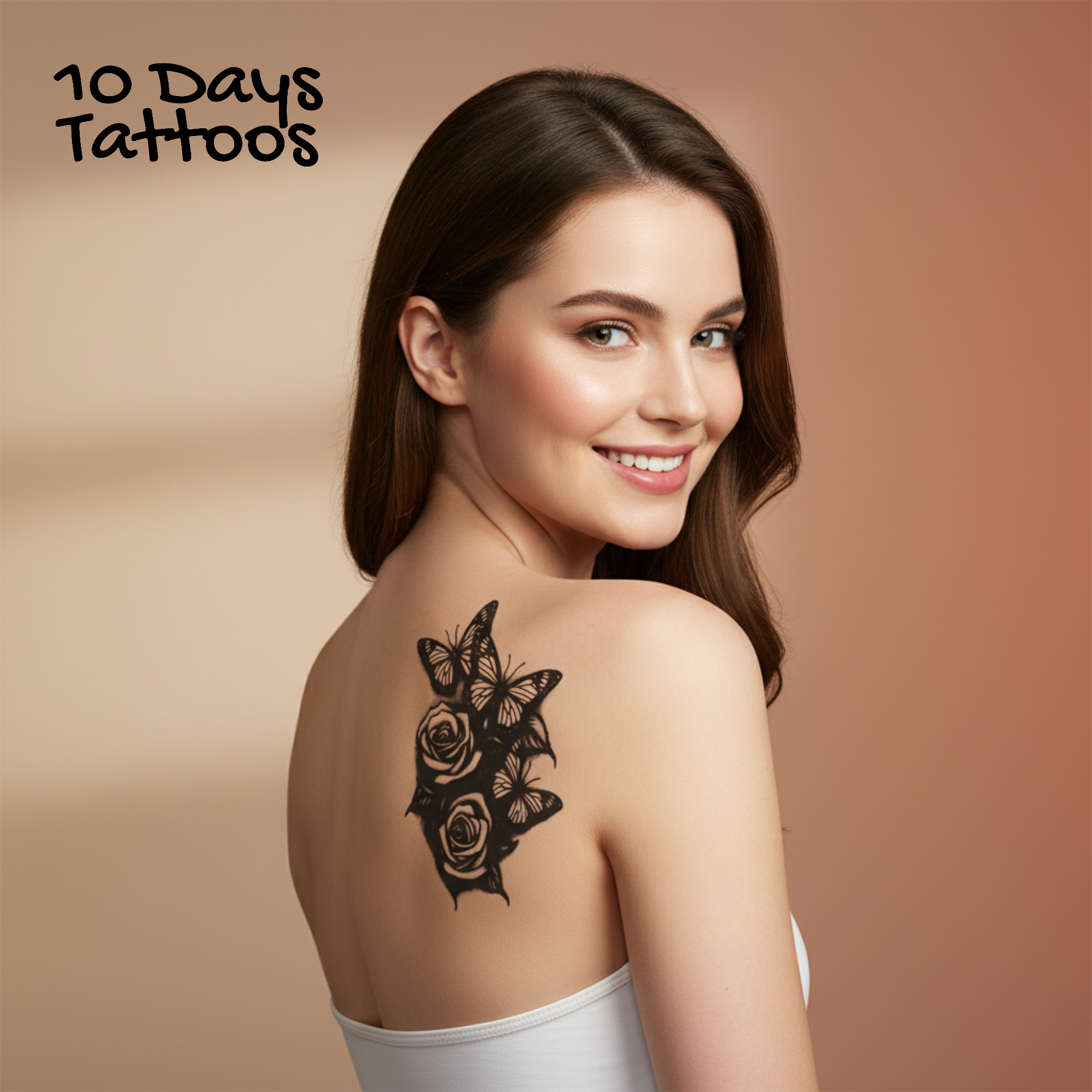 Jeune femme modèle portant un tatouage temporaire semi-permanent motif floral noir sur l'épaule, collection Jardin Nocturne