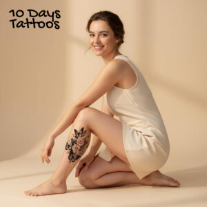 Tatouage temporaire noir papillons et roses sur mollet d’une femme à genoux en robe beige 10 Days Tattoos
