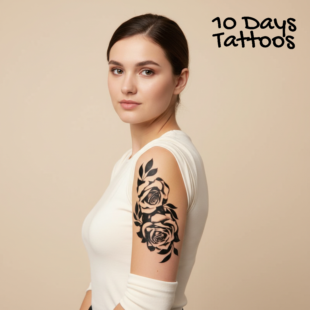 Femme portant un tatouage temporaire semi-permanent de roses noires et feuillage sur l'épaule, effet réaliste 7-14 jours