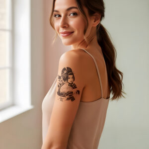 Jeune femme en pied, dos nu de profil, tatouage temporaire Ryū no Geisha sur l'omoplate, geisha et dragon irezumi japonais 15 × 10 cm, encre noire mat, fond blanc épuré