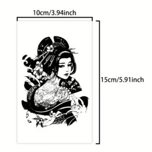 Gabarit taille réelle du tatouage temporaire Ryū no Geisha, geisha et dragon entourés de vagues et sakura style irezumi japonais classique, format 15 × 10 cm, encre noire profonde