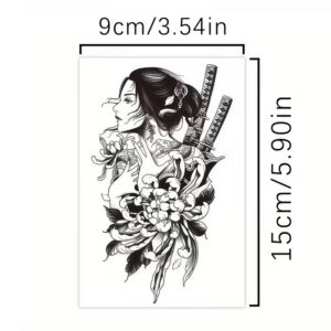 Gabarit taille réelle du tatouage temporaire Botan Kenshi, guerrière japonaise katanas et pivoines style neo-japonais, format 15 × 9 cm, lignes fines encre noire