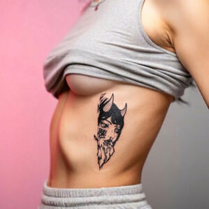 Jeune femme en pied, crop top et jupe gris, tatouage temporaire Aku sur les côtes, visage oni féminin kanji 悪 style gravure japonaise 14 × 6 cm, encre noire mat, fond rose corail