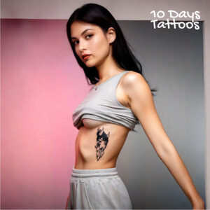 Jeune femme en crop top gris portant le tatouage temporaire Aku sur les côtes, visage oni féminin kanji 悪 style gravure japonaise mokuhanga 14 × 6 cm, encre noire mat, fond rose