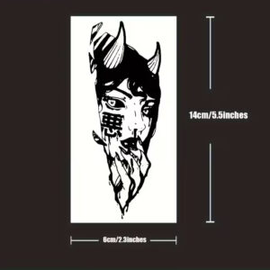 Gabarit taille réelle du tatouage temporaire Aku, visage oni féminin avec kanji 悪 style gravure japonaise mokuhanga, format longiligne 14 × 6 cm, encre noire intense