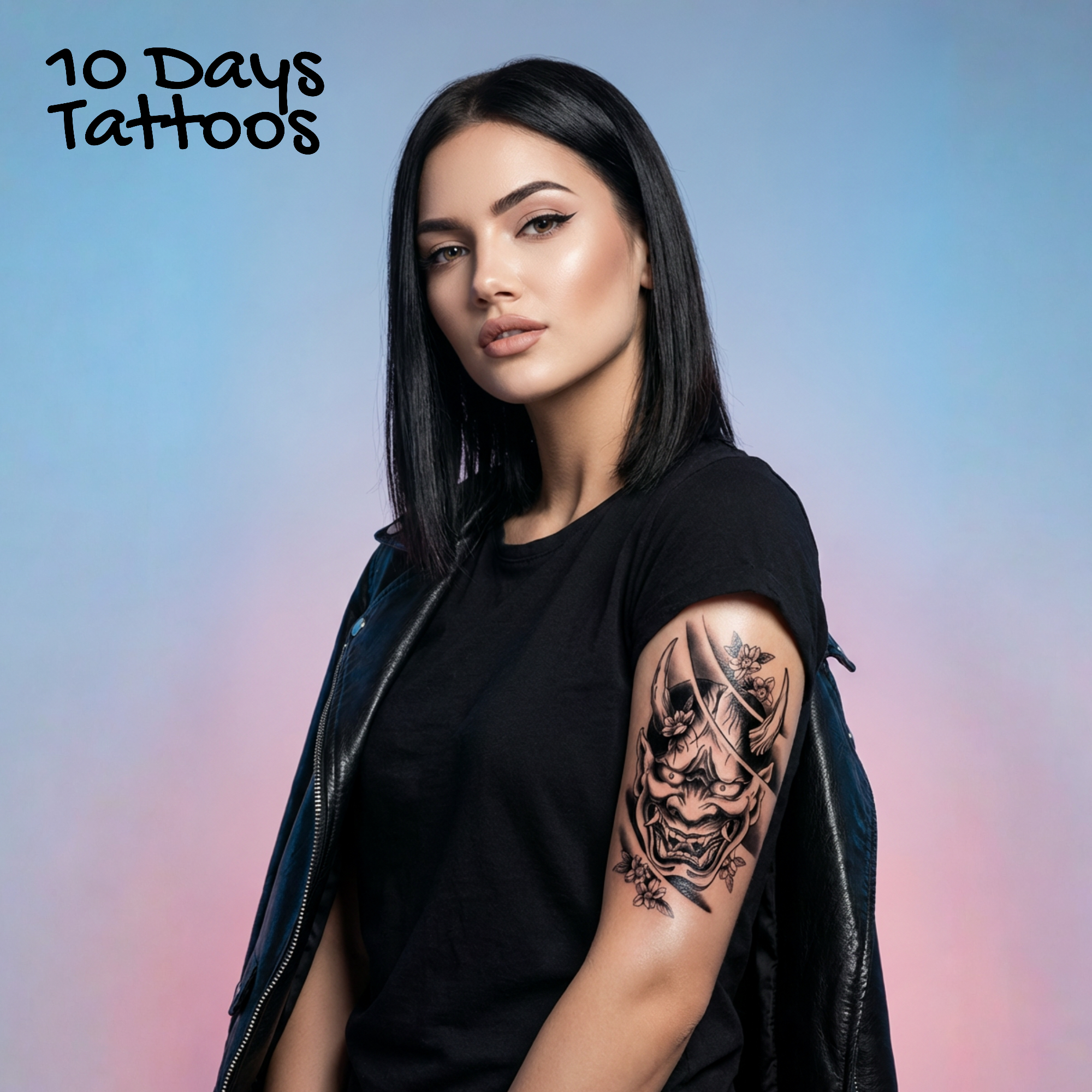 Tatouage temporaire Hannya & Sakura: Le tatouage principal represente un masque Hannya japonais traditionne