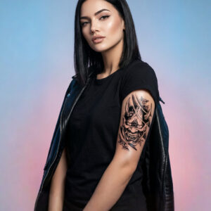 Detail du tatouage Hannya & Sakura: Le tatouage principal est un masque Oni japonais, symbole de