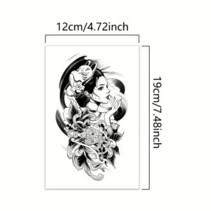 Gabarit taille réelle du tatouage temporaire Kiku Geisha, geisha Maneki-neko et chrysanthème impérial style irezumi neo-japonais, format 19 × 12 cm, encre noire détails fins