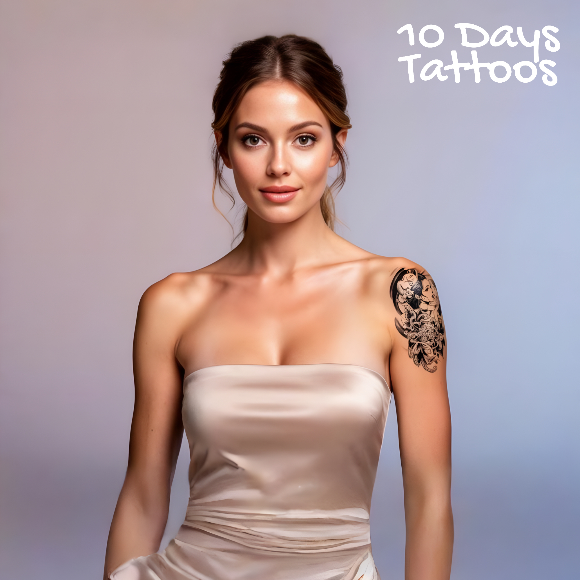 Jeune femme en top satiné beige portant le tatouage temporaire Kiku Geisha sur le bras, geisha Maneki-neko chrysanthème irezumi neo-japonais 19 × 12 cm, encre noire mat