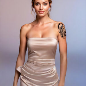 Jeune femme en pied, robe longue satiné beige, tatouage temporaire Kiku Geisha sur le bras gauche, geisha Maneki-neko chrysanthème irezumi neo-japonais 19 × 12 cm, noir mat