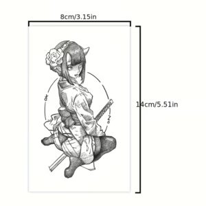 Gabarit taille réelle du tatouage temporaire Oni Girl, fille oni dotwork cercle enso katanas style japonais, format 14 × 8 cm, pointillisme encre noire