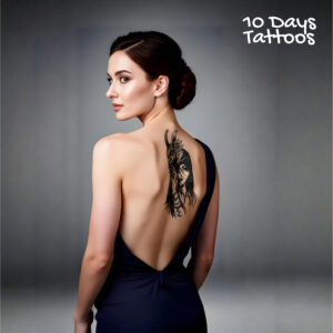 Tatouage temporaire japonais Hannya no Kao : masque demoniaque avec cornes et portrait de femme aux longs cheveux ornes de bijoux, style realiste noir et blanc