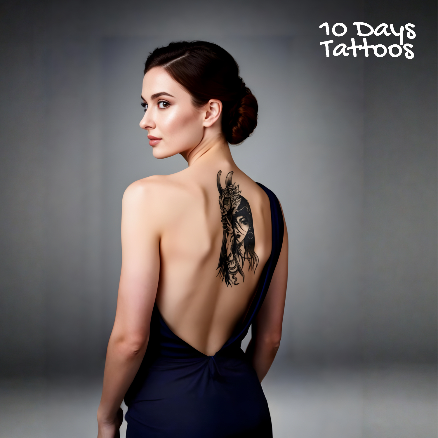 Tatouage temporaire japonais Hannya no Kao : masque demoniaque avec cornes et portrait de femme aux longs cheveux ornes de bijoux, style realiste noir et blanc