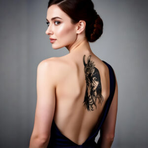 Detail du tatouage temporaire Hannya no Kao sur cuisse: visage feminin stylise aux details complexes, motifs floraux