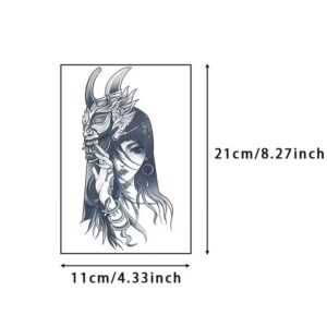 Tatouage temporaire japonais noir et blanc : femme avec masque oni, bijoux, 11x21 cm