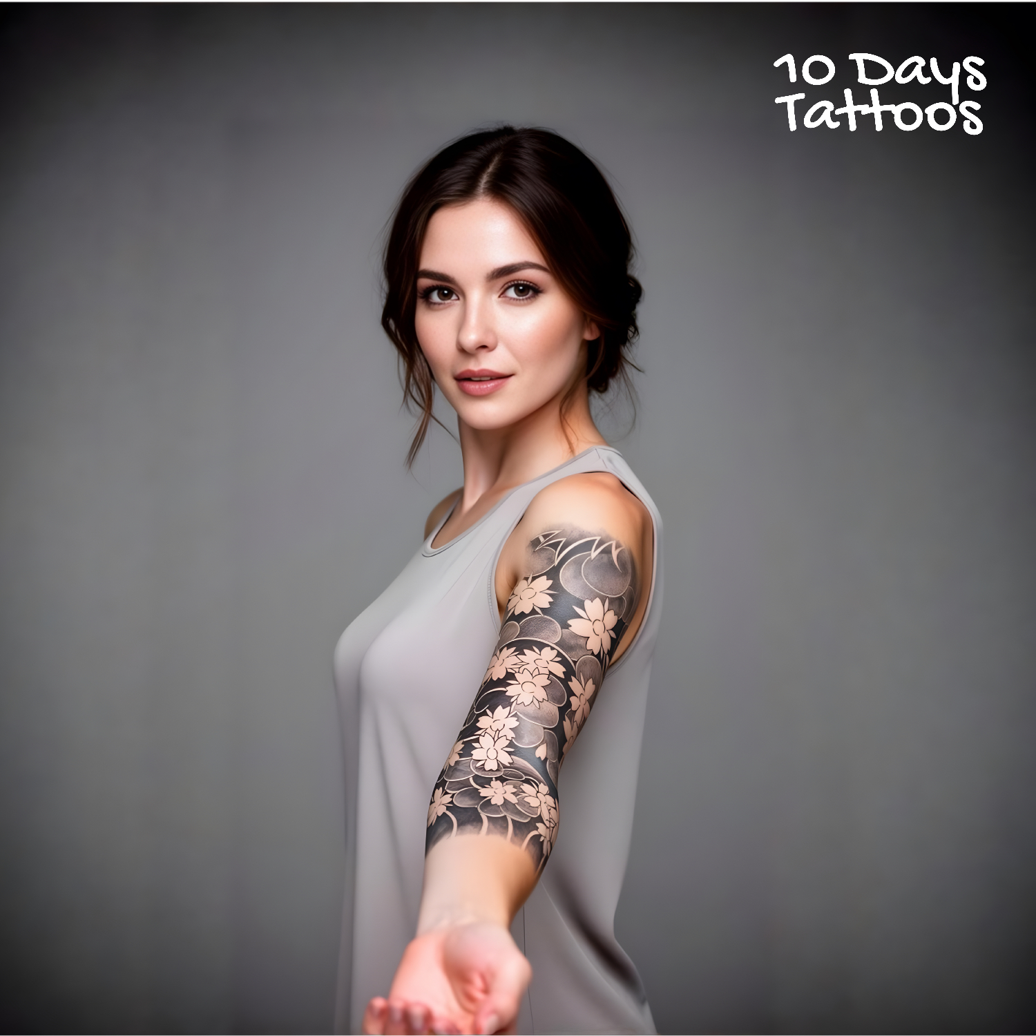 Tatouage temporaire japonais Bushido Sleeve: bras complet feminin avec motifs floraux couvrant epaule a poignet
