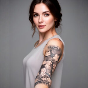 Detail du tatouage temporaire Bushido Sleeve: motifs floraux stylises sur epaule et haut du bras