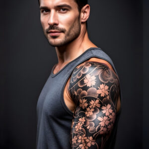 Detail du tatouage temporaire Bushido Sleeve sur homme: manche complete bras droit avec motifs floraux