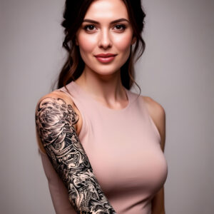 Detail du tatouage temporaire Dragon Sleeve: manche complete bras droit avec dragon mythique et motifs floraux